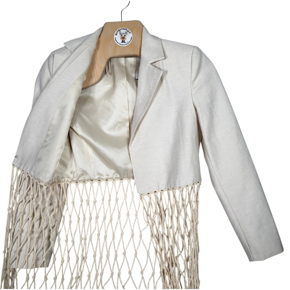 ZARA Women XS Ecru Cream Cropped Macrame Fringe Blazer Jacket - Picture 4 of 10